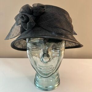 Black Cloche Style Straw Hat with Flower Detail